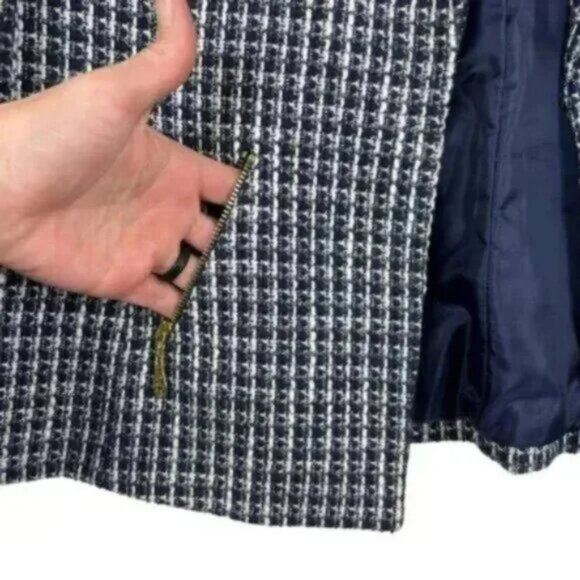 Tahari Arthur S. Levine Tweed Blazer Size 16 Navy Wool Blend Gold Zip - Picture 3 of 10